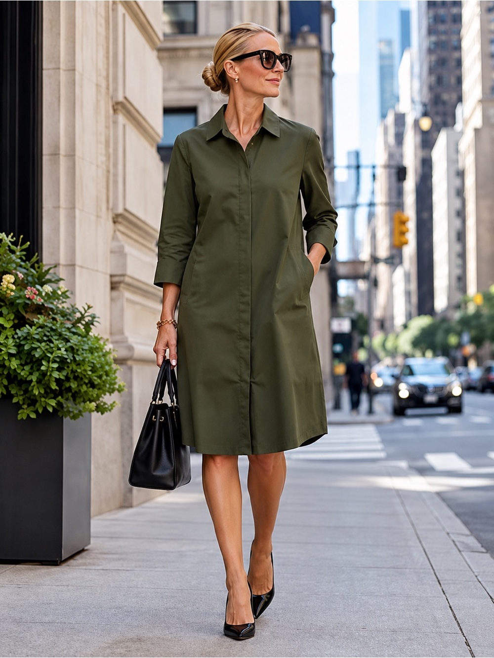 Lafayette 148 Peggy Olive Stretch Cotton Shirt Dress XL
